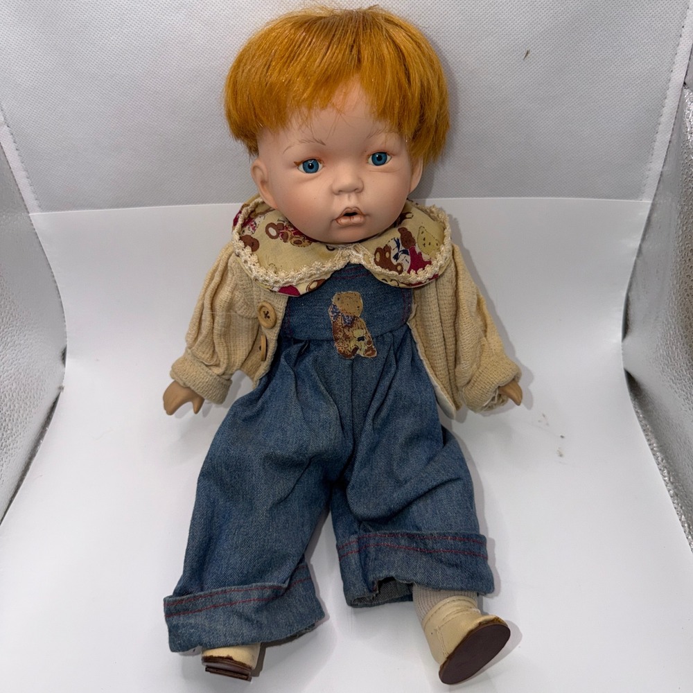 Unbranded Unisex 16" Vintage Porcelain Boy Doll Ginger Hair Denim Overalls Retro